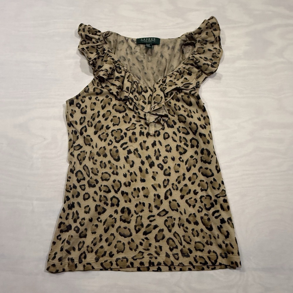 Lauren Ralph Lauren Sleeveless Tank Blouse Shirt PS/P Petite Leopard Ruffles V